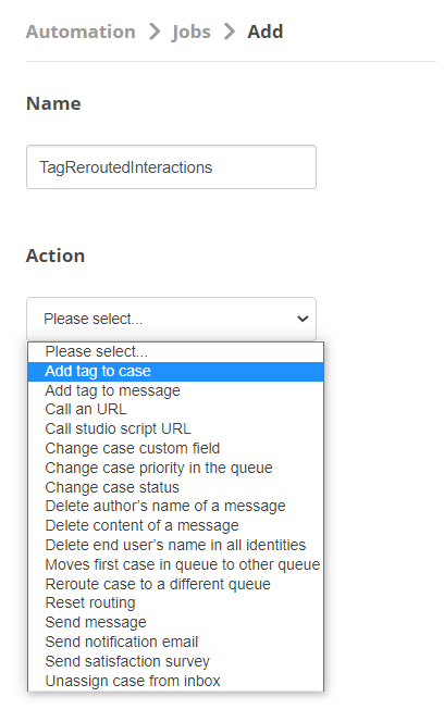 Screenshot of the Add Tag page, with the Add tag to case Action selected