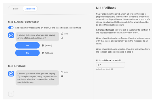 Screenshot showing advanced NLU fallback options