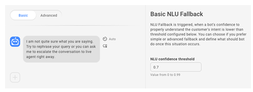 Screenshot showing basic NLU fallback options