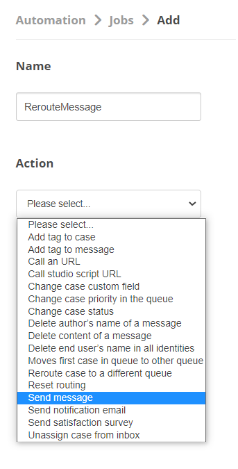 Screenshot showing the Add Jobs page. The Send message action is selected.