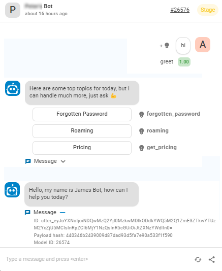 The Talk to Your Bot chat window in CXone Bot Builder, showing messages from a user and the bot replies.