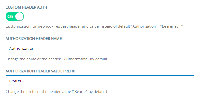 The Custom Heather Auth section of the Custom Exchange Endpoints Configuration page, where you configure custom OAuth headers. 