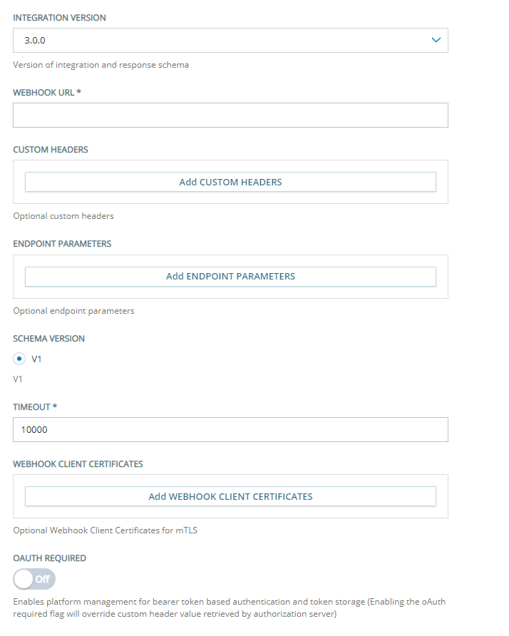 The Configuration page for adding a custom bot using custom exchange endpoints with integration version 2.0.0.