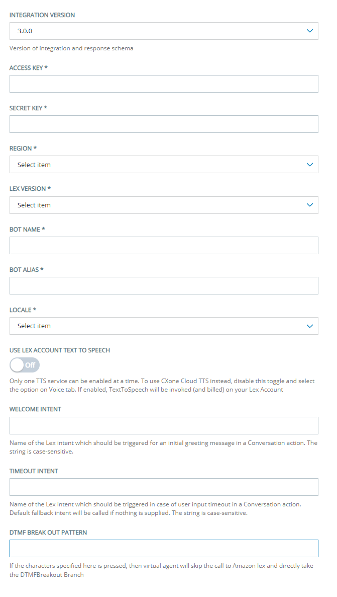 The Configuration page for adding an Amazon Lex V1 bot to CXone Virtual Agent Hub