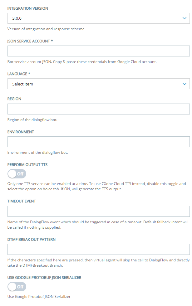 The Configuration page for adding a Google Dialogflow ES virtual agent to CXone Virtual Agent Hub. 