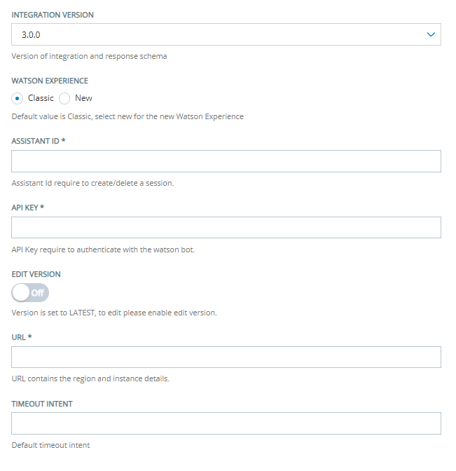 The Configuation page for integrating a text IBM Watson virtual agent.