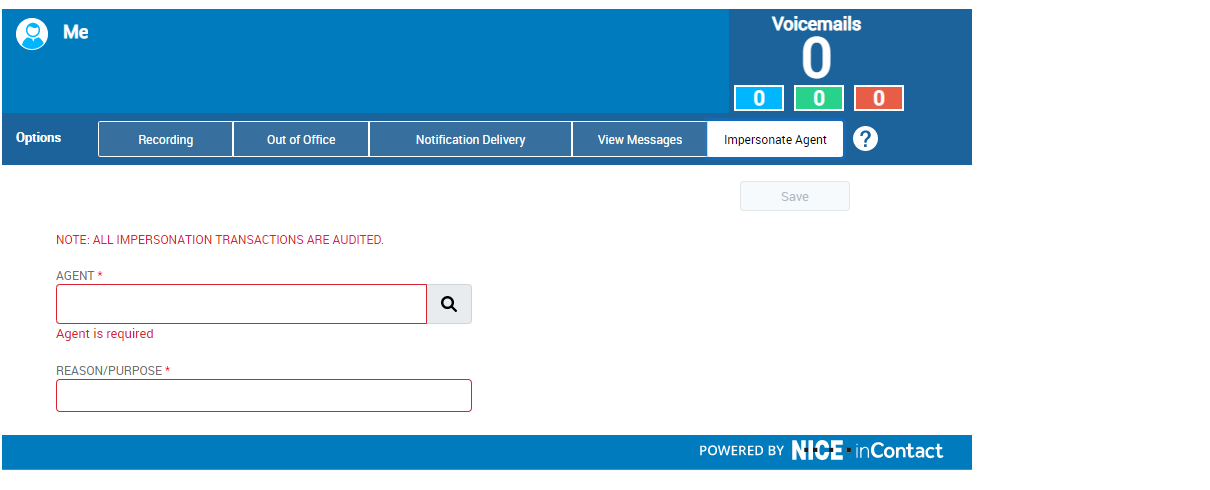 The CXone Attendant page showing fields to impersonate a user: select an agent to impersonate and enter a reason.