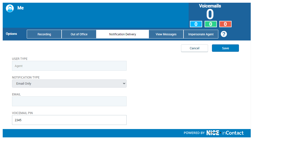 The Notification Delivery tab, where you can select how you want CXone Attendant to let you know you have new voicemail messages.