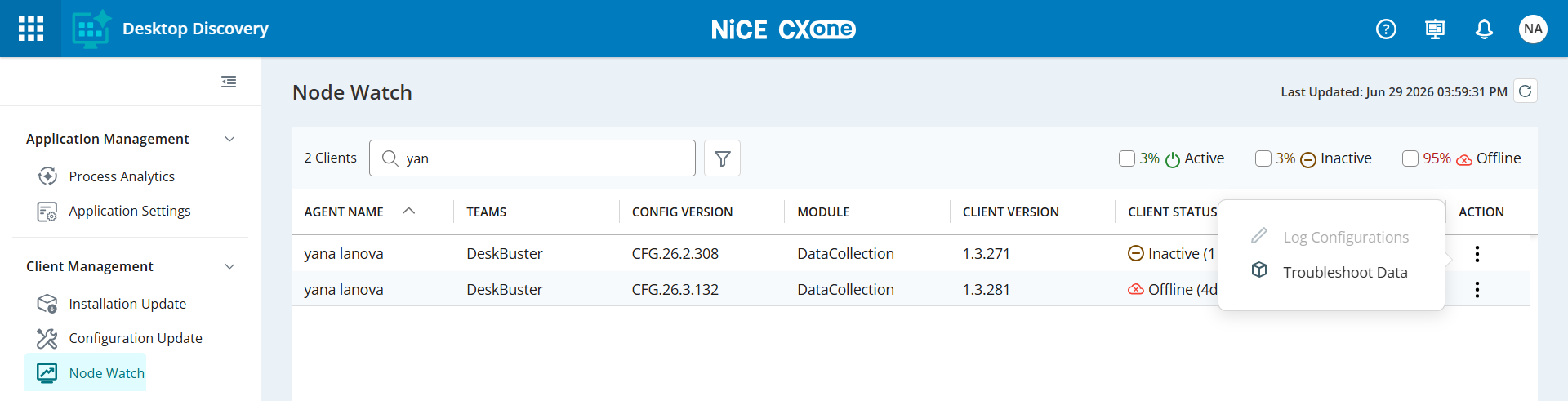 Image of the Node Watch page with Log Configuration option disabled.