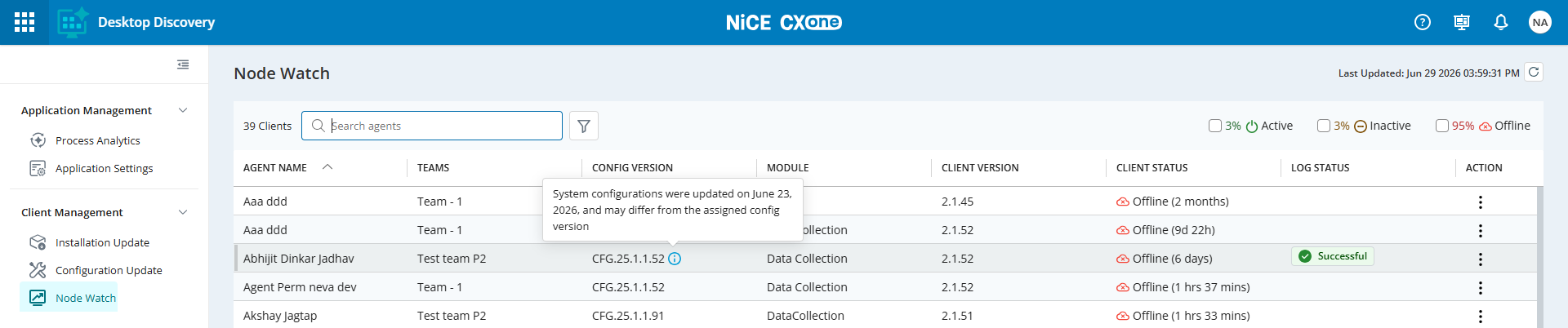 Image of the Node Watch page with Config Version tooltip.