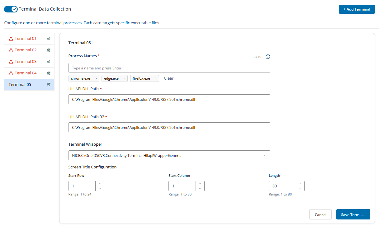 Image of Terminal Data Collection options.