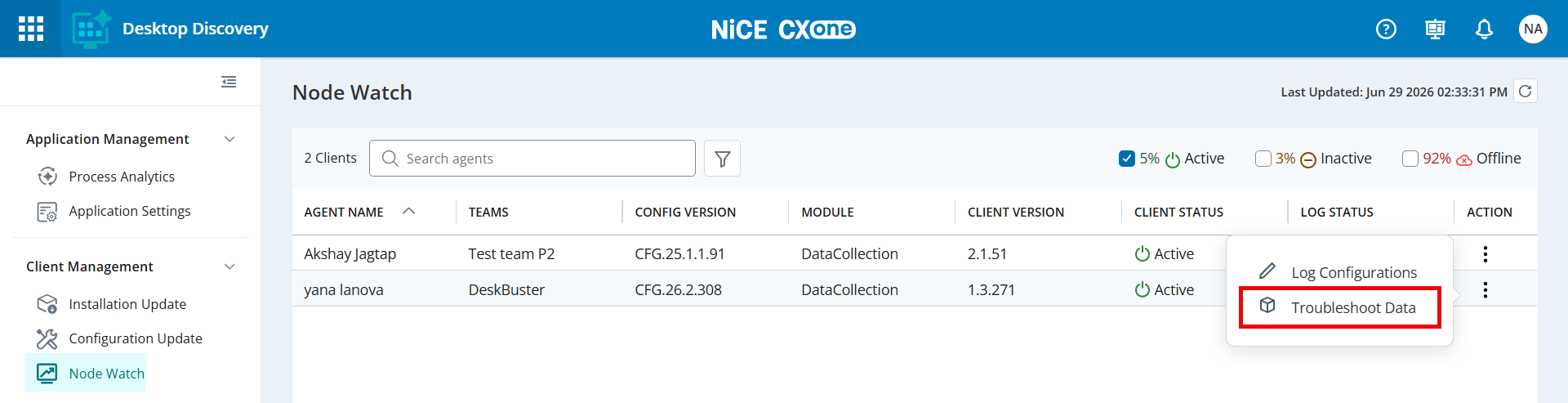 Image of the Node Watch page with Troubleshoot Data option.