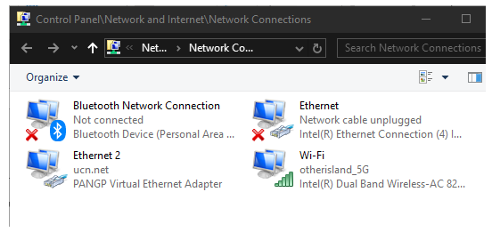 The Control Panel Network Connections page, showing the adapters configured for the local system. 