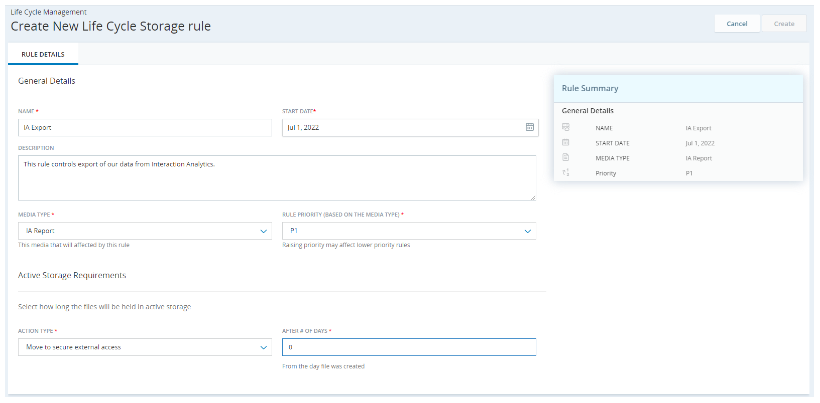 Shows the Create Rule page in Cloud Storage Services with the correct settings for the IA export