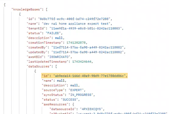 The id attribute at the top of the dataSources array is highlighted. Its value is a long alphanumeric string.