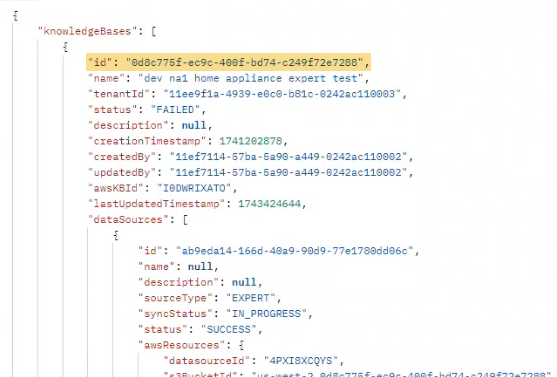 The id attribute at the top of the knowledgeBases array is highlighted. Its value is a long alphanumeric string.