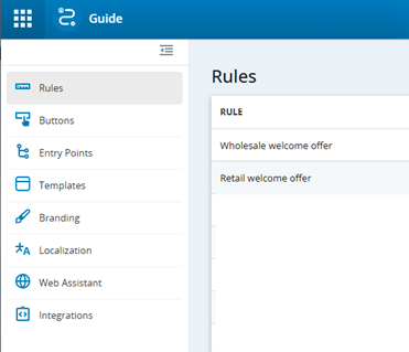 The Guide administration page with commands on the left for creating and managing engagement rules