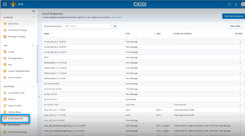 Screenshot of the new quick responses page in ACD. 