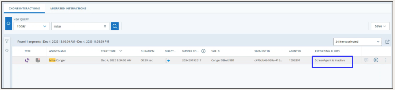 Search results table showing call interaction details. In the Recording Alerts column, one row is highlighted with the status ‘Screen agent is inactive.'