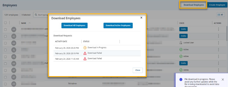 The Employees page in Tenant Management, showing the Download Employees window.