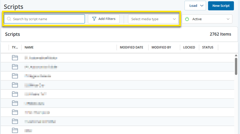 The Scripts page showing the new search bar and filter options.