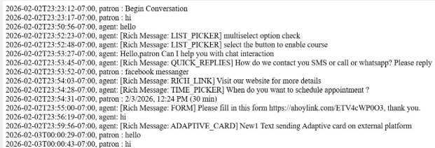 A transcript of an interaction. The rich message type is written in brackets, followed by the fallback text.