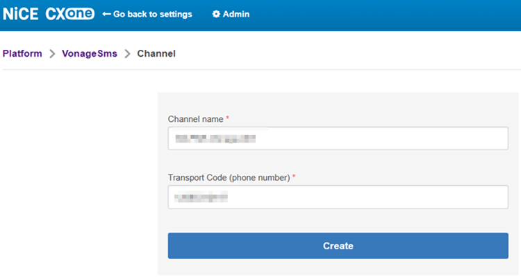 The page in ACD where you add a digital SMS channel for Vonage.