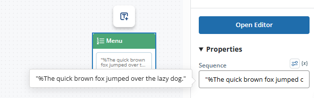 The Sequence property of the MENU action showing a tooltip for a long value.