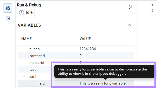 The Snippet Debugger showing the cursor hovering over a long description, and the description showing in a tooltip.