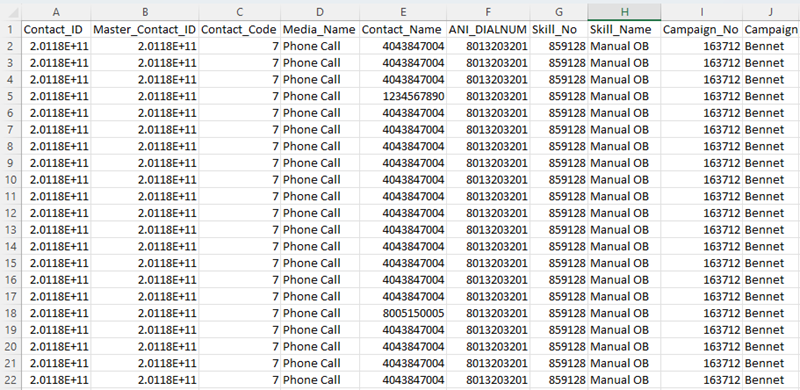 An example of the CDR Plus Disposition data download report output.