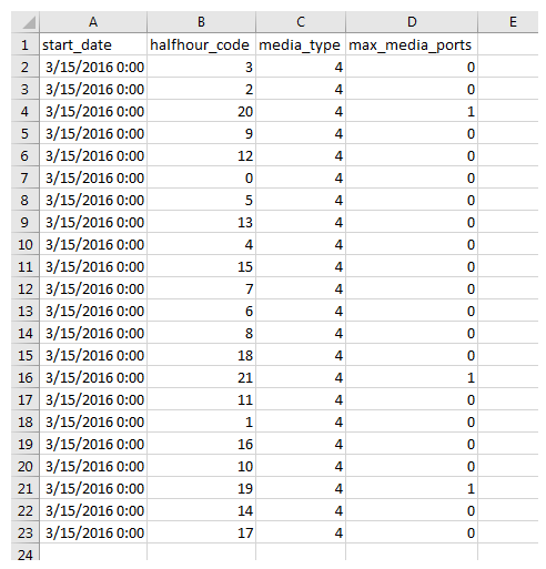 An example of the License by Half Hour data download report output.