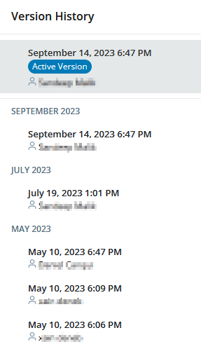 The Version History pane, showing all saved versions of the current script, including the currently-active version.