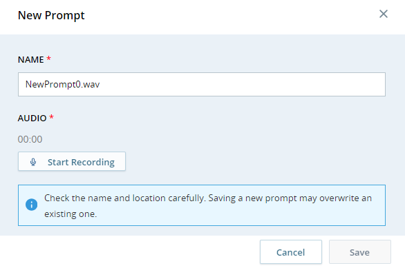 The New Prompt window, showing the name field and the Start Recording button.