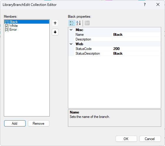 The Branches editor, showing the default branches, Black, White, and Error.