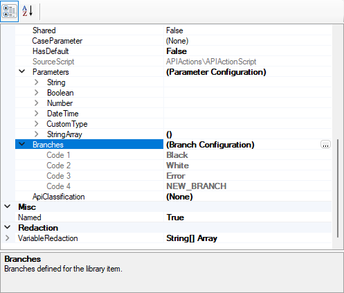The Branches section of the API action script properties.