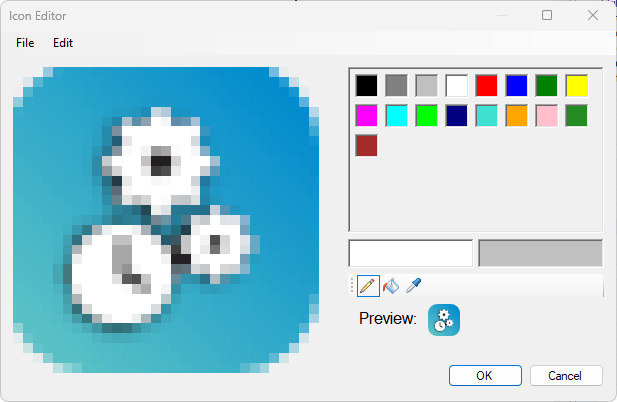 The icon editor for custom API action scripts, showing the default icon image and the tools for editing the image.