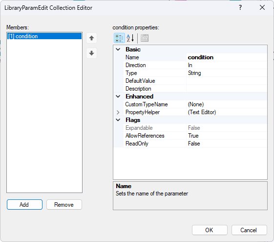 The Parameters editor, showing the default parameter, called condition.