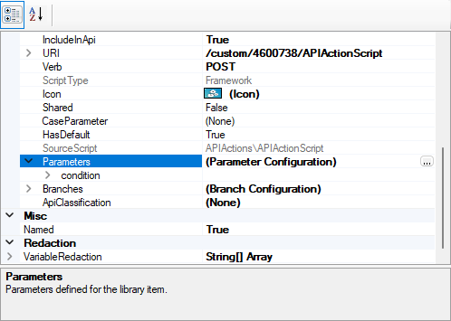 The Parameters section of the API action script properties.