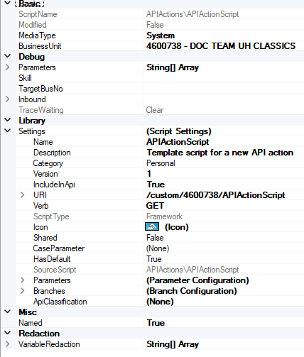 The Properties tab of a custom API action script.