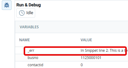 The Variables section of the Debugger window showing the __err variable.