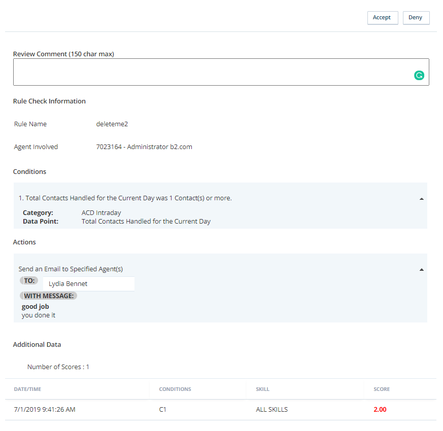 The review form for a WFI rule. Shows the rule name, conditions, and actions. Offers a space for the reviewer to type comments. Accept and Deny buttons are at the top.