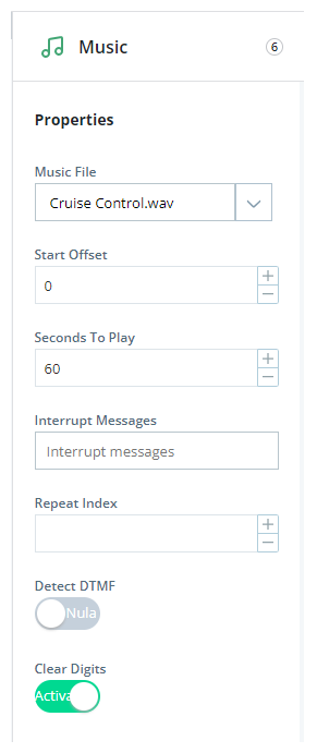Der Bereich Eigenschaften des Arbeitsbereichs, der die Eigenschaften der Music-Aktion zeigt.
