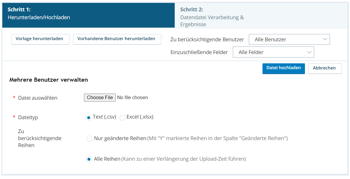 Screenshot der Bulk-Upload-Seite für Central-Benutzer