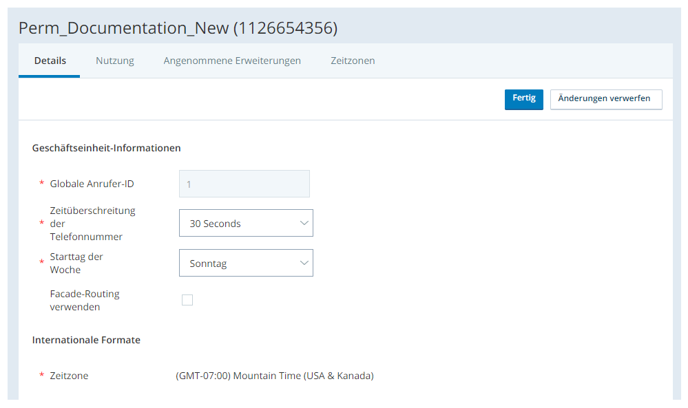 Screenshot der Abschnitte "Informationen zur Business Unit" und "Internationale Formate" auf der Registerkarte "Details zur Business Unit“