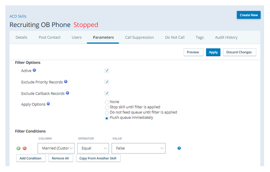 Screenshot der Filterseite eines CXone PC-Skills