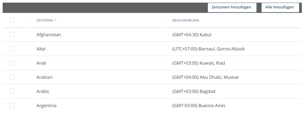 Screenshot der Zeitzonenseite der CXone-Business Unit mit einer hinzugefügten, nicht verwendeten Zeitzone
