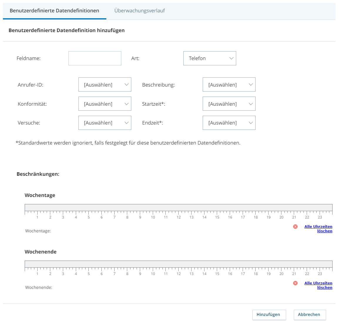 Screenshot der Seite Benutzerdefinierte Datendefinition hinzufügen und der Felder, die für ein Feld für den Telefontyp verfügbar sind