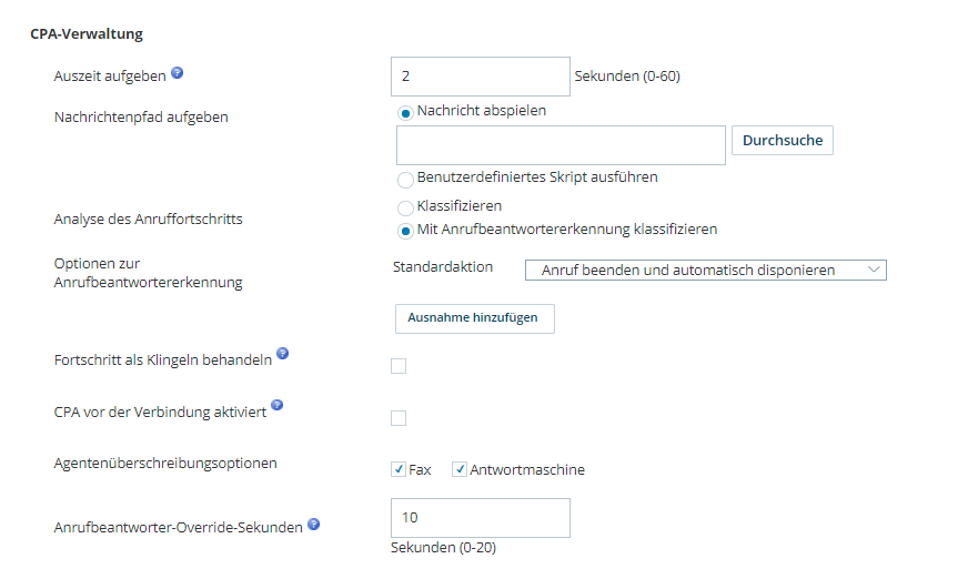 Screenshot der CPA-Management-Einstellungen für einen Skill, zu finden in der ACD-Anwendung.