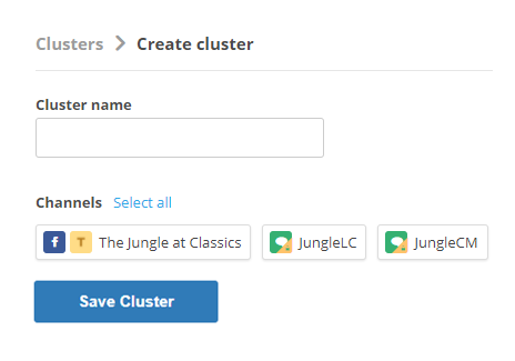 Die Seite "Cluster", auf der Sie ein Cluster von Kanälen für Dashboard-Widgets in Digital Experience erstellen können.