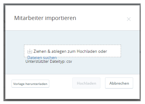 Bildschirm "Mitarbeiter importieren" zum Hochladen mehrerer Mitarbeiterdatensätze mit einer CSV-Datei.